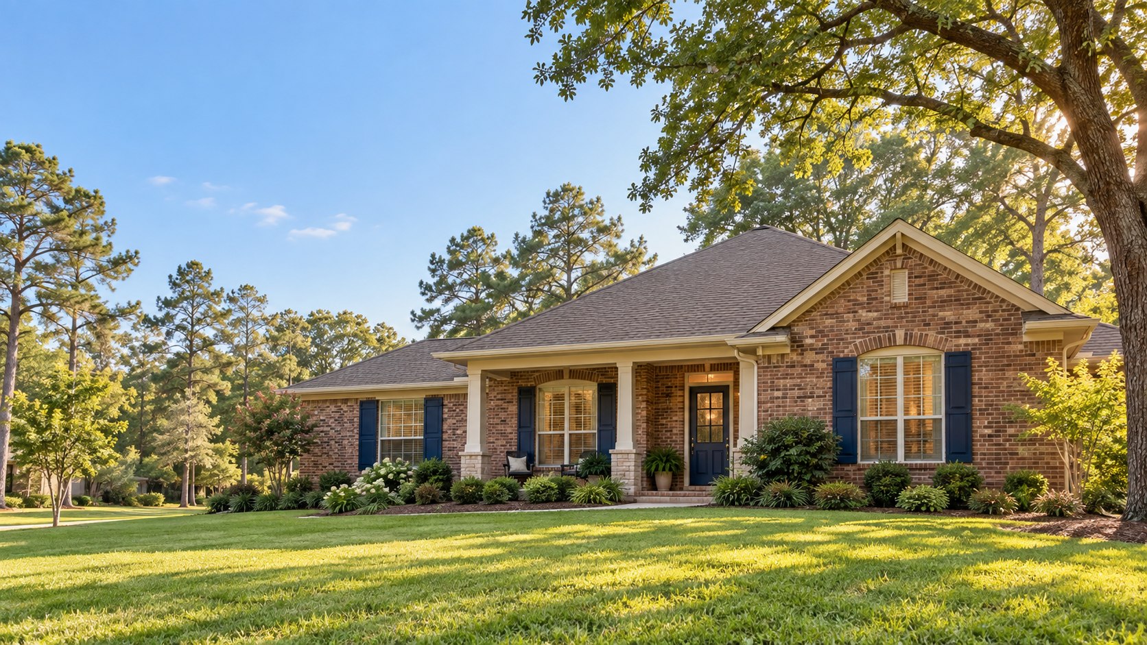 Illustrative brick home framed by mature trees in warm afternoon light